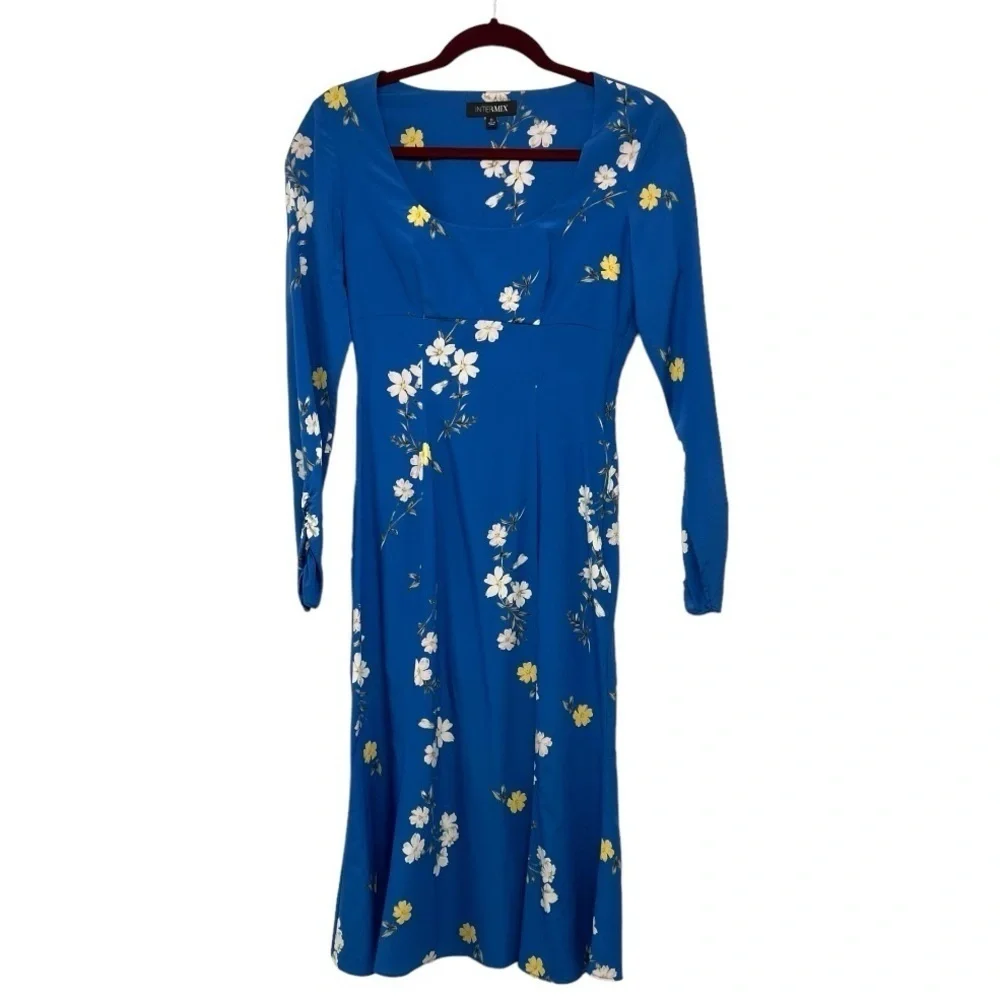 Intermix Mariabella Blue Silk Floral Long Sleeve Scoop Neck Dress Women’s 0 - Picture 10 of 12